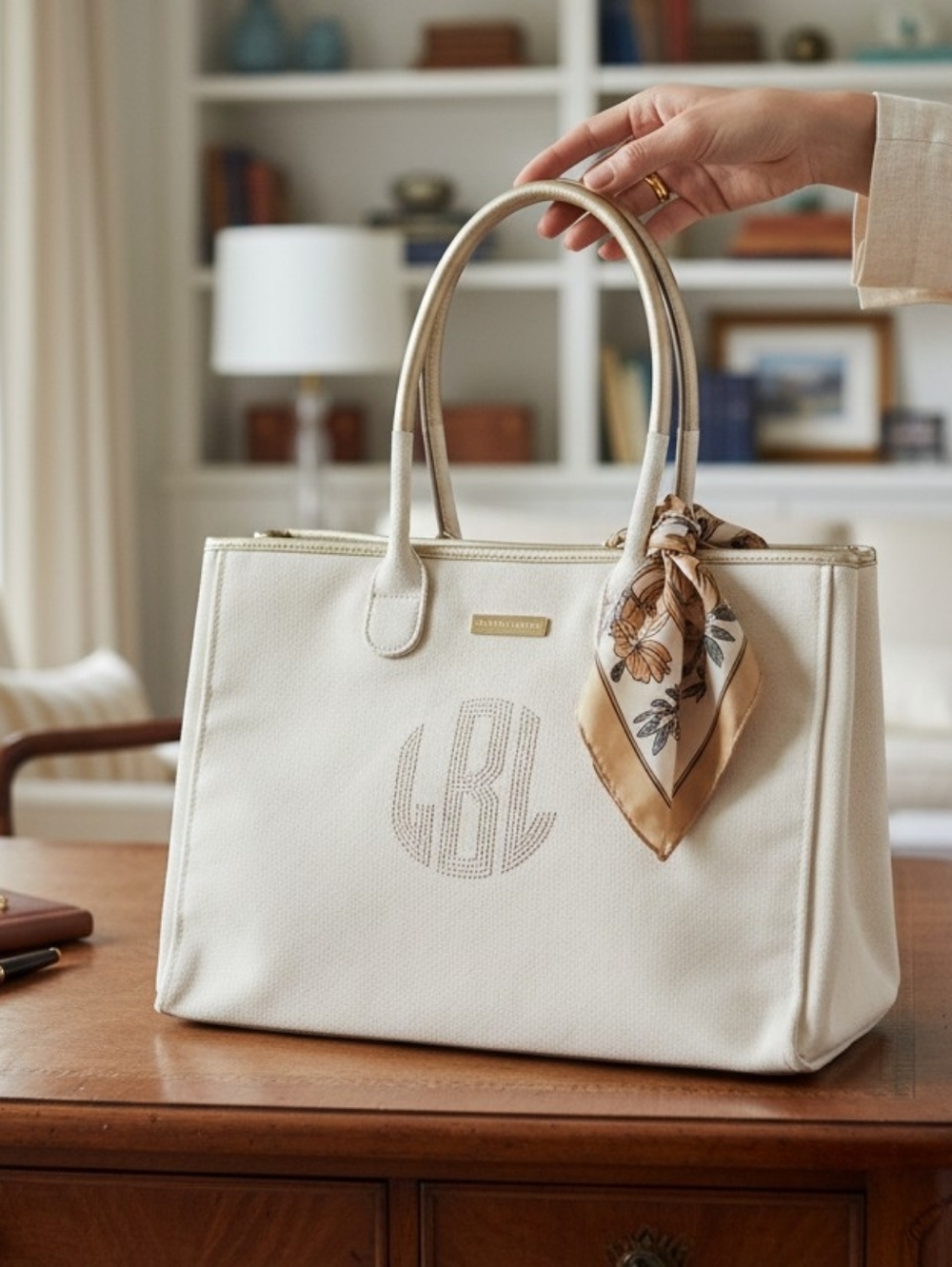 Classic Cream Tote Bag with Scarf Accent